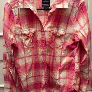 American Eagle Outfitters Pink and White Plaid Shirt 2/$15